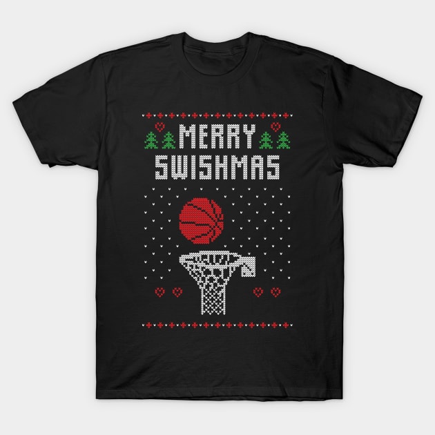 Ugly Christmas Sweater Design Merry Swishmas Basketball Ugly Christmas T-Shirt by StacysCellar